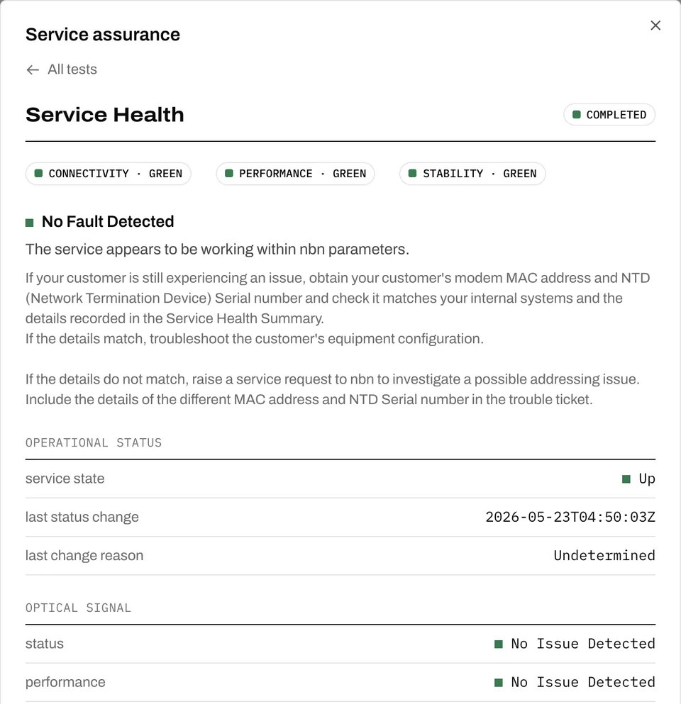 An nbn Service Health result in the Underlay portal: connectivity, performance and stability all green, no fault detected, service state up and no optical signal issue.