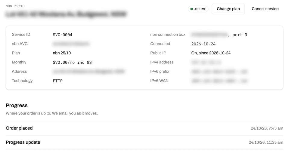 A service ordered this morning and active the same day.