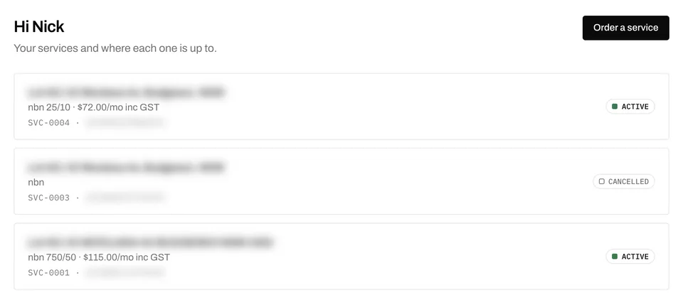 The customer's services, under your name. Address and identifiers blurred.