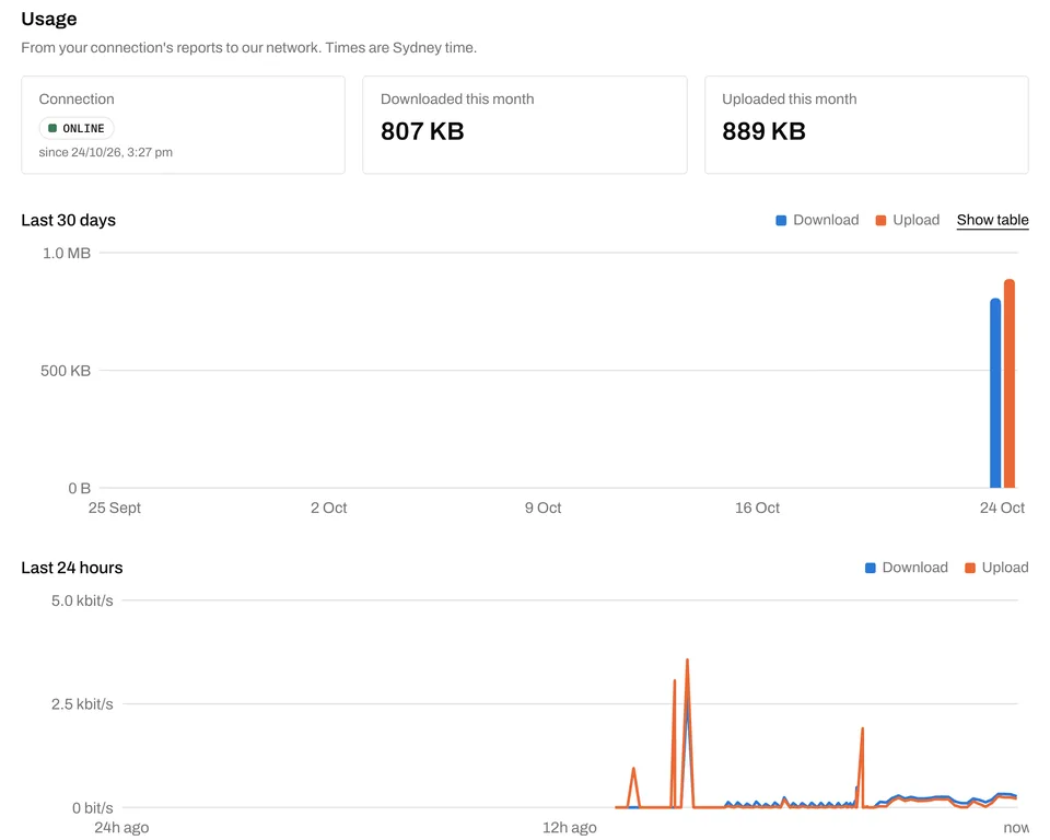 Live usage: online since this afternoon, with monthly and 24-hour graphs.