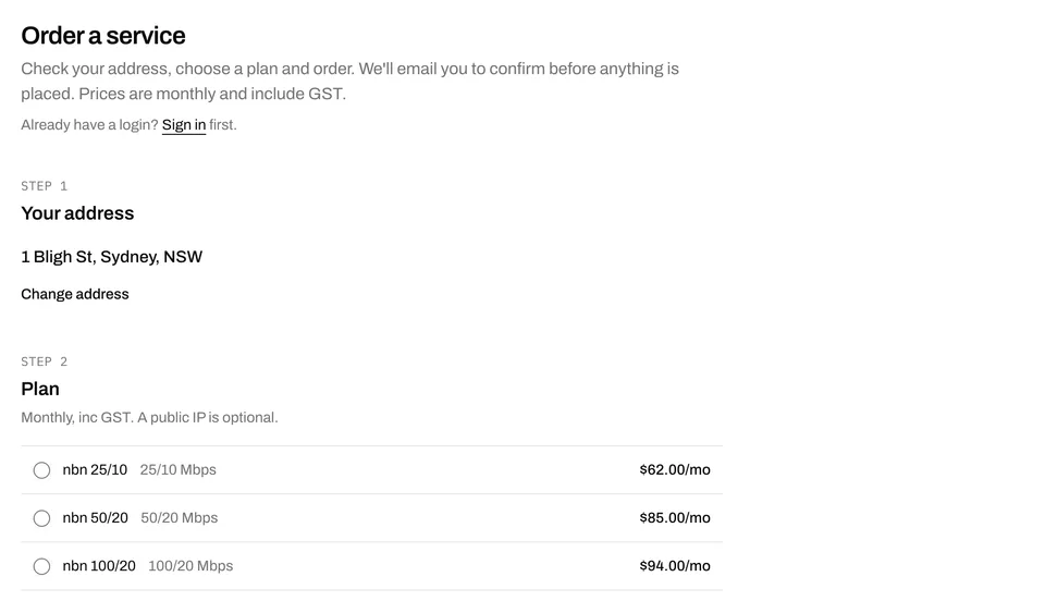 The order flow: check the address, then choose from the plans available there.