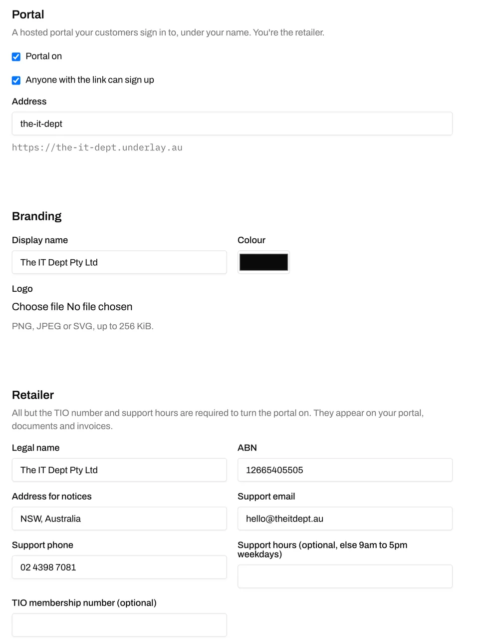 Your settings: switch the portal on, add your branding and your details as the retailer.