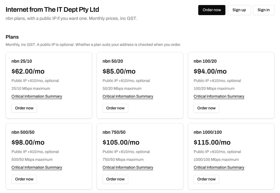 Your storefront: your name, your plans, your prices, inc GST. This one is live for The IT Dept.